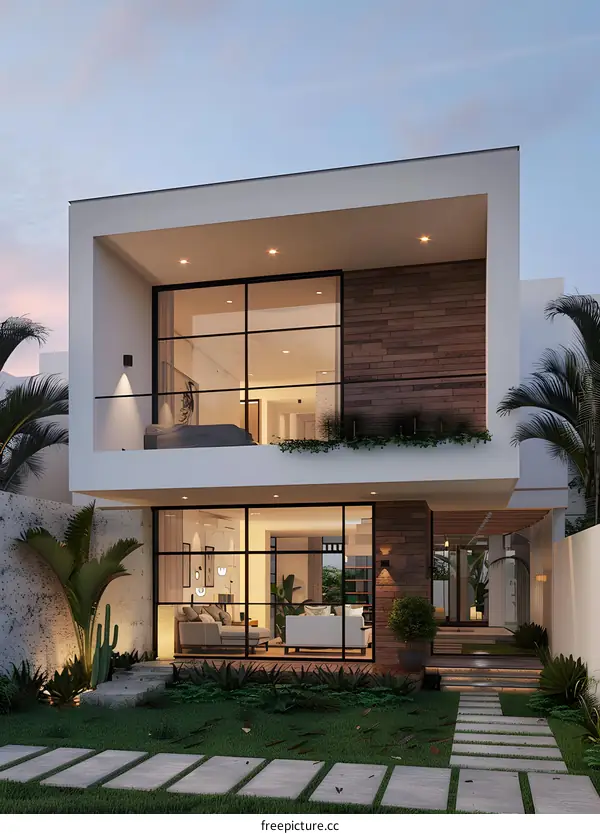 Modern Two Story House with Large Windows and Brick Accents