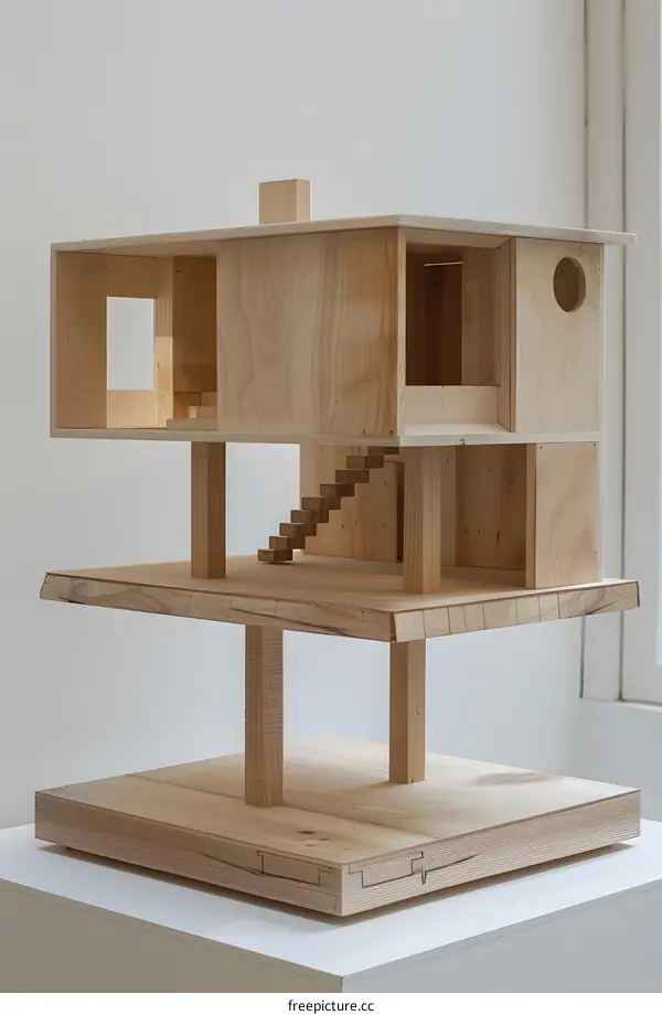 Wooden Model of a House with a Staircase