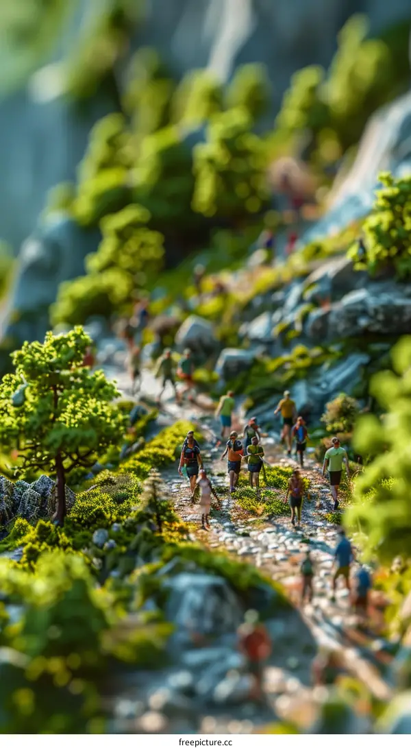 Miniature People Walking Through Rocky Mountain Path