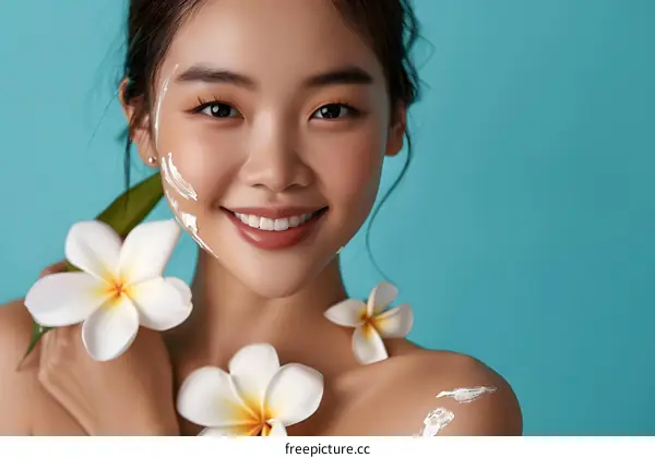Smiling Woman With Flowers and Sunblock on Face