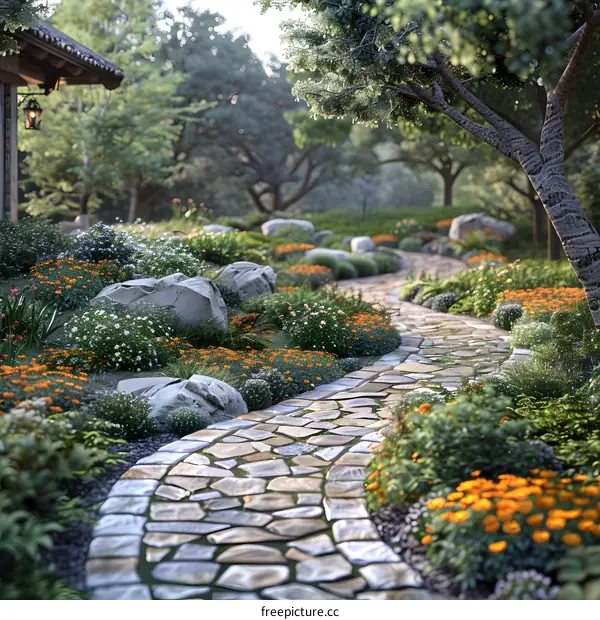 winding stone path in a lush garden