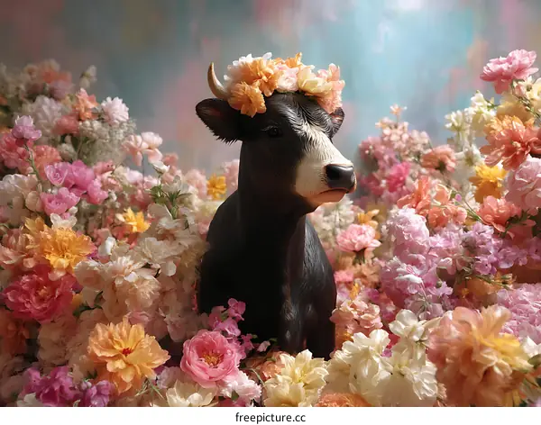 Floral Arrangement with a Decorated Cow
