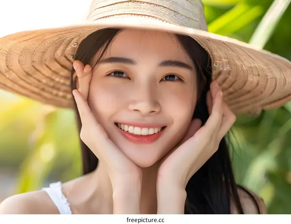 Smiling Asian Woman Wearing a Straw Hat
