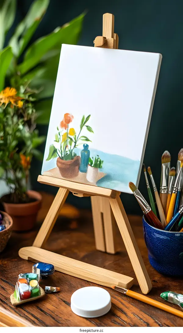 Wooden Easel With Painted Flowers on Canvas