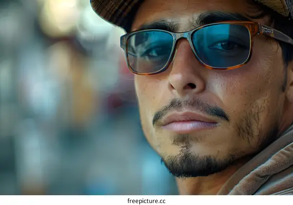 Closeup Portrait of a Man Wearing Sunglasses and a Hat