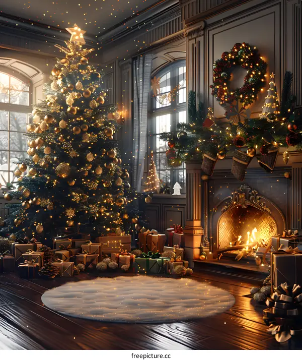 Christmas tree by the fireplace