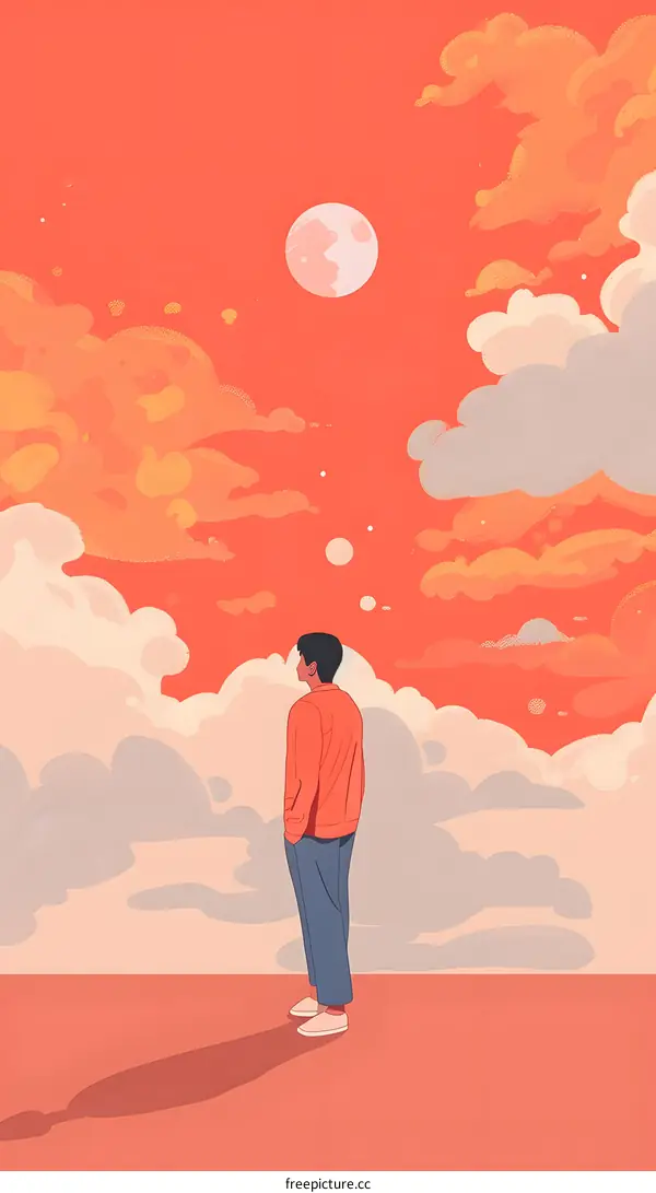 Man Looking at the Sky with Clouds and Moon