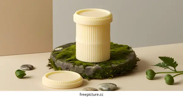 White Pill Container on a Stone and Moss Surface