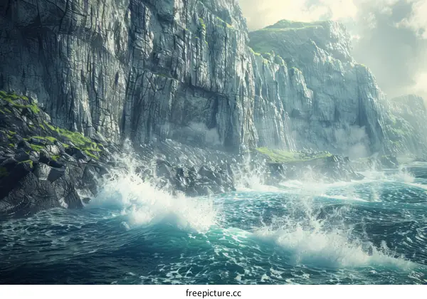 Giant Ocean Waves Crashing on the Rocky Coastline