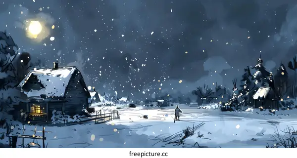 Winter Night Landscape with Snowfall and a Single Person Walking