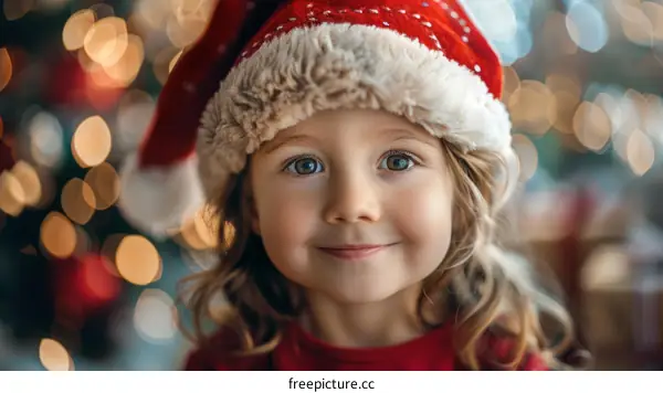Little girl in Santa hat smiling in front of Christmas tree