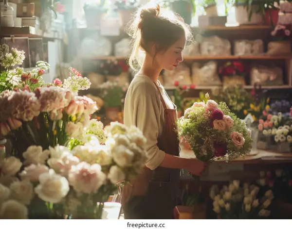 Young woman arranging flowers in a flower shop