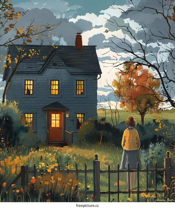 girl standing at the gate looking at the house