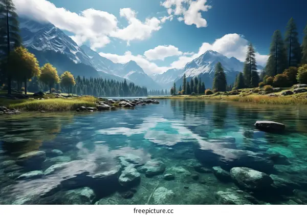 Tranquil Landscape of Mountains, Rivers, and Forests