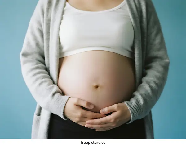Pregnant woman showing her belly with hands on stomach