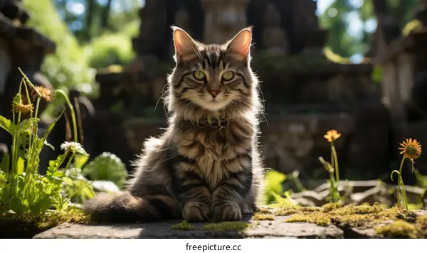 A ginger cat is sitting on a stone in a cemetery