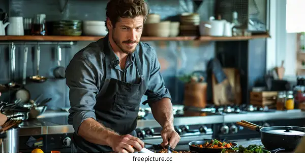 Caucasian man in apron cooking in kitchen