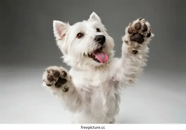 Adorable white dog with raised paws looking happy