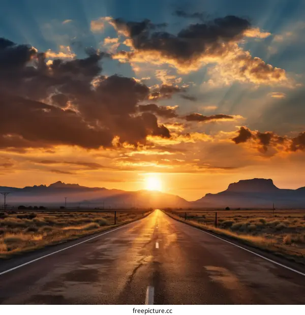 The Sun Sets Over a Vast Desert Highway
