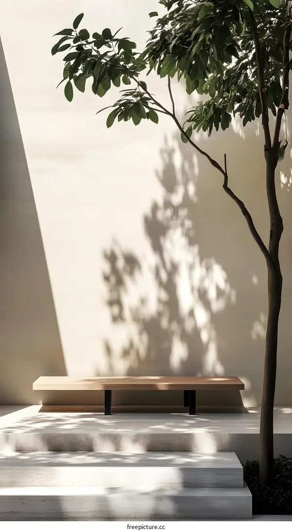 Minimalist Wooden Bench with Tree Shadow on a Beige Wall