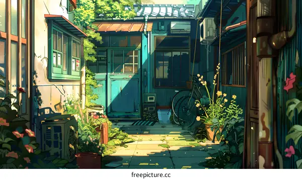 A Back Alleyway in Japan with Lush Greenery