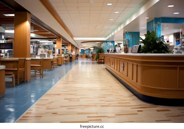 Modern Hospital Cafeteria with Blue Tiled Walls and Wooden Floors