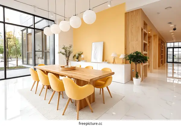 Modern Dining Area with Yellow Chairs