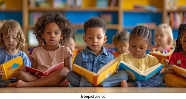 A group of preschool children sitting on the floor of a library reading books.
