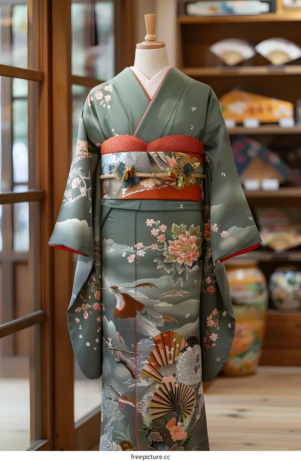 A kimono with a pattern of cherry blossoms and maple leaves