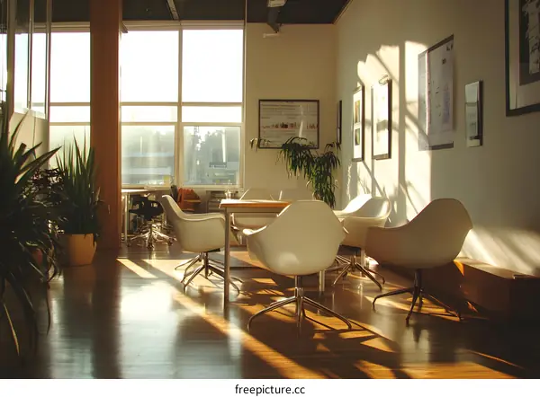 Modern Office Interior with White Chairs and Wooden Floor