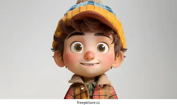 A boy with freckles and a plaid hat is smiling.