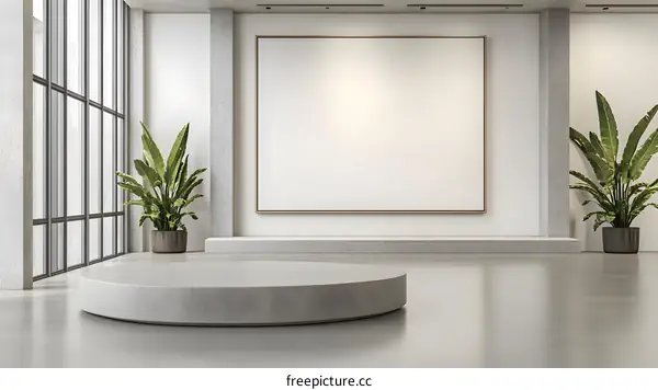 Minimalist Interior Design with Round Platform and Empty Canvas
