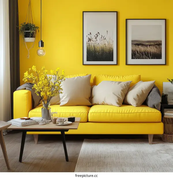 Bright Yellow Living Room with Cozy Sofa