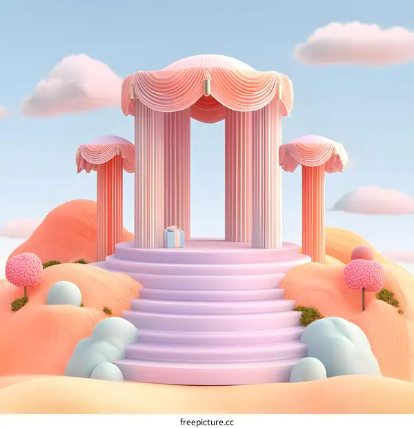 Pink Canopy Wedding Ceremony With Gift Box On Stairs In Front of A Dreamy Sky