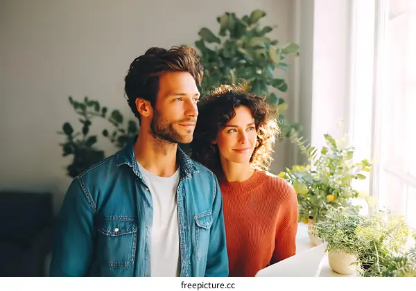 Couple Looking Out the Window in a Cozy Home