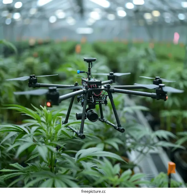 A drone is flying over a cannabis plants field