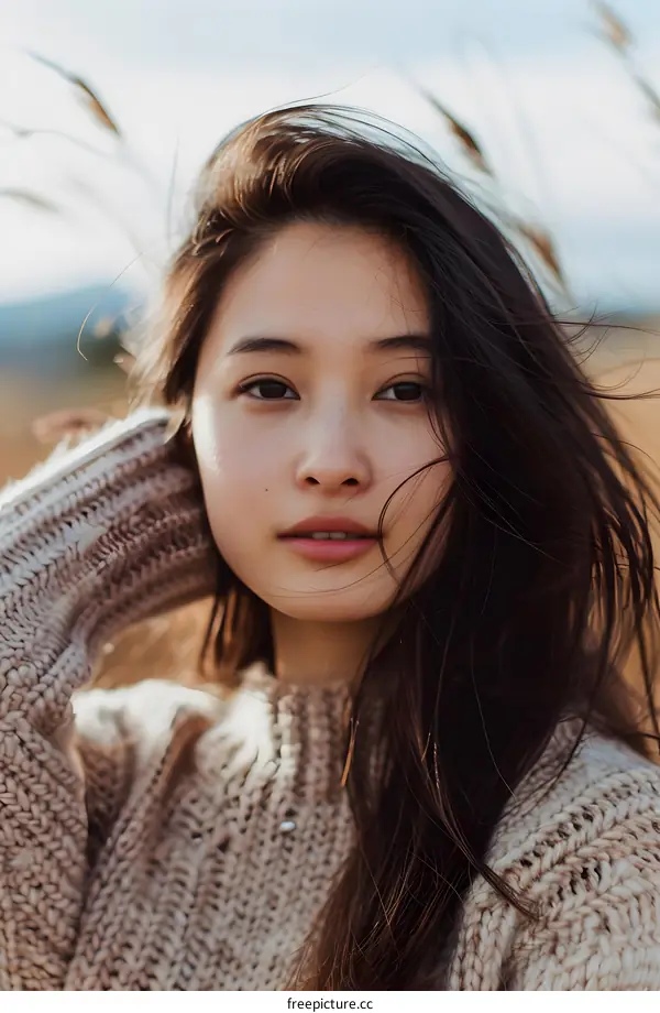 Woman with Long Brown Hair in a Knitted Sweater