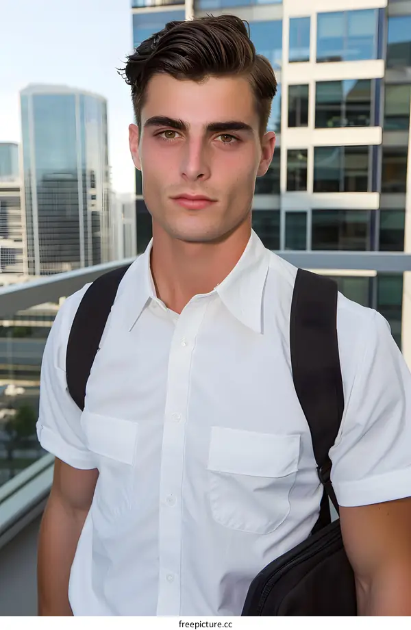 Young Man with White Shirt and Backpack Standing on Rooftop