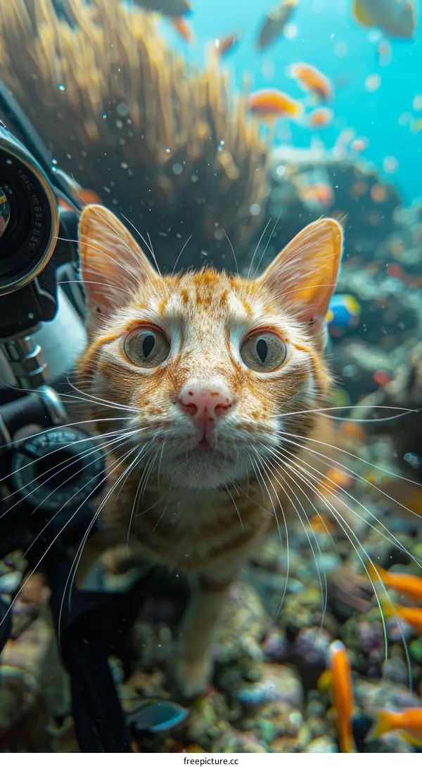 Curious Cat Wearing Diving Goggles Underwater