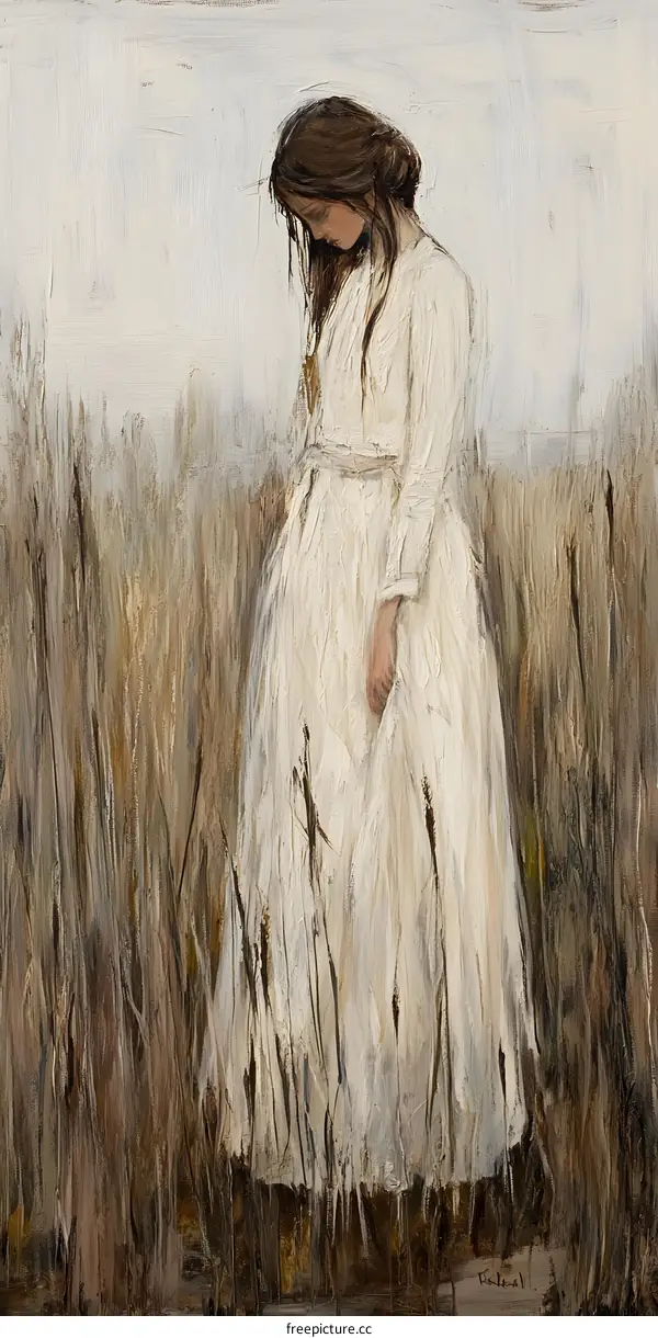 Woman in White Dress Standing in Field of Tall Grass