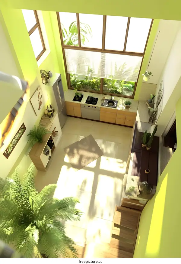 Modern Kitchen Interior Design with Green Wall and Large Window