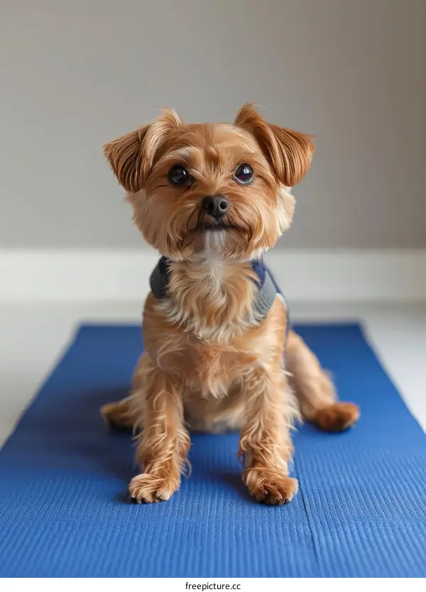 A cute Yorkshire Terrier sits on a blue yoga mat
