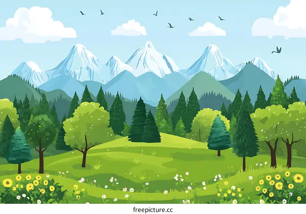 Green Forest Landscape With Mountains In The Background