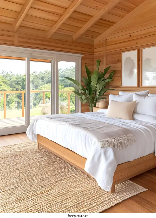 Wooden Cabin Bedroom with Jute Rug and White Bedding