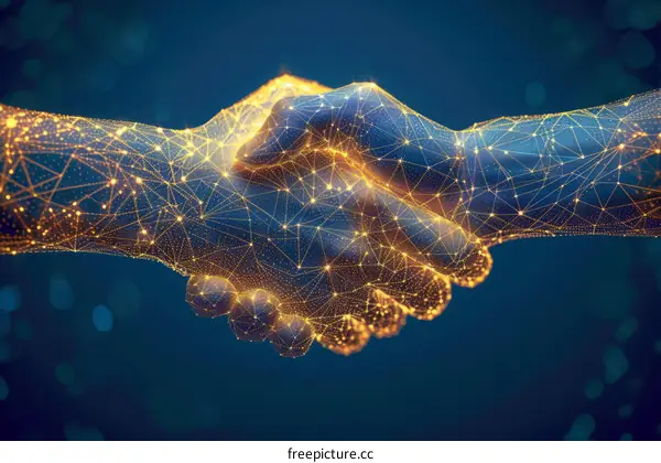 Two hands made of glowing dots and lines shaking