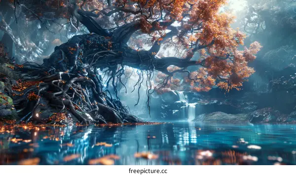 Mystical Tree Landscape with Glowing Mushrooms and Waterfall