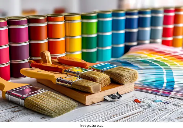 Colorful Paint Cans, Brushes and Color Charts