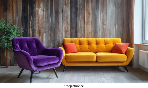 Colorful Living Room Furniture with Wooden Wall