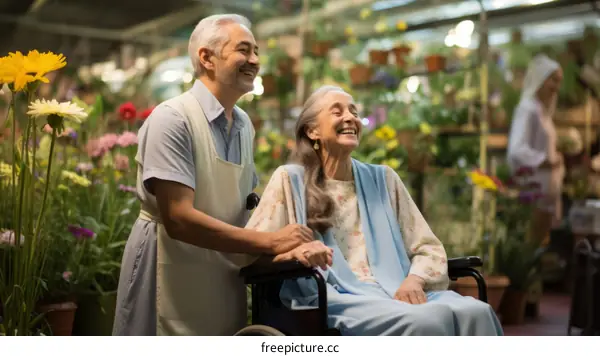 A smiling elderly couple in a greenhouse
