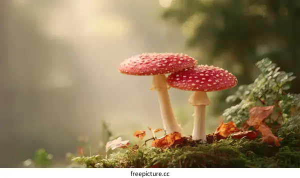 Two Red Mushrooms in a Misty Forest